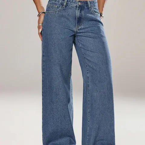 Women's Mid-Waist Wide Leg Straight Denim Jeans, Trendy Coffee Casual Fashion, Zipper Fly, Pockets, All Seasons