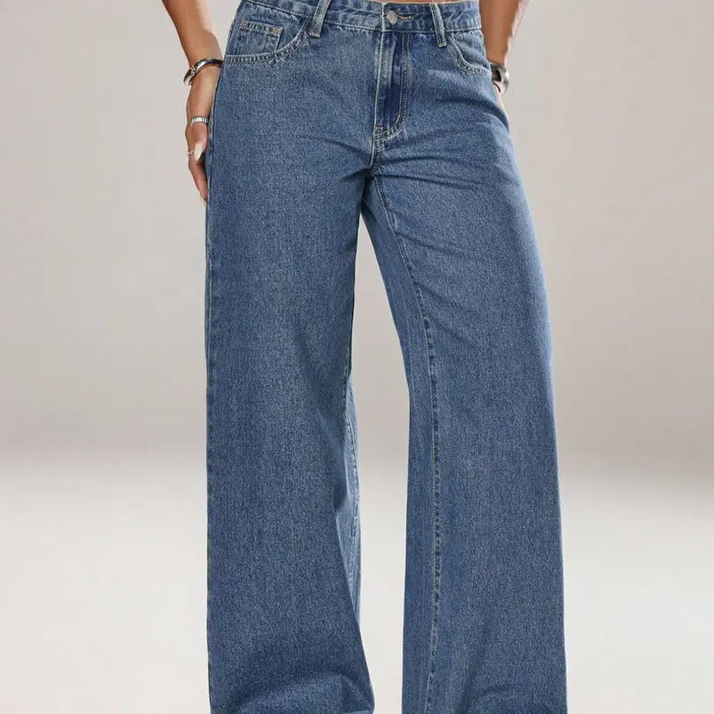 Women's Mid-Waist Wide Leg Straight Denim Jeans, Trendy Coffee Casual Fashion, Zipper Fly, Pockets, All Seasons