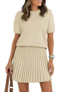 COCCKO 2026 New Arrival Women's 2 Piece Skirt Sets Crewneck Short Sleeve Sweater Tops And Pleated Skirts Travel Matching Outfits
