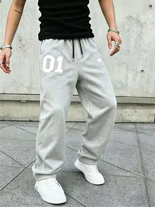 Trendy Men's Chicago Star 01 Print Baggy Track Pants, Light Grey Elastic Waist Drawstring Loose Fit Sweatpants, Retro Streetwear Casual Trousers for Street Style & Daily Wear #MensBaggyPants #ChicagoStreetwear #RetroAthletic
