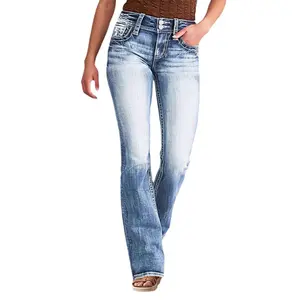 Women'sjeanswithcowheadembroidery,vintagestyle,versatileandcomfortableinallseasons,washedblueflaredjeansDenimCottonFitWomenswear