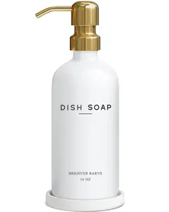 Luxury Glass Dish Soap Dispenser for Kitchen Sink - Modern Kitchen Soap Dispenser Set - Refillable Glass Pump Bottle and Tray - White and Gold Home Decor and Accessories, Gift (Gold)