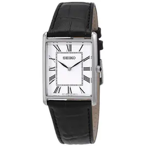 SEIKO ESSENTIALS QUARTZ WHITE DIAL BLACK LEATHER WATCH