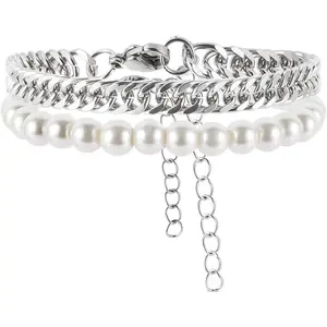 Faux Pearl Bracelet Men with Cuban Link Figaro Chain Wrist Bracelets Set Male Gift