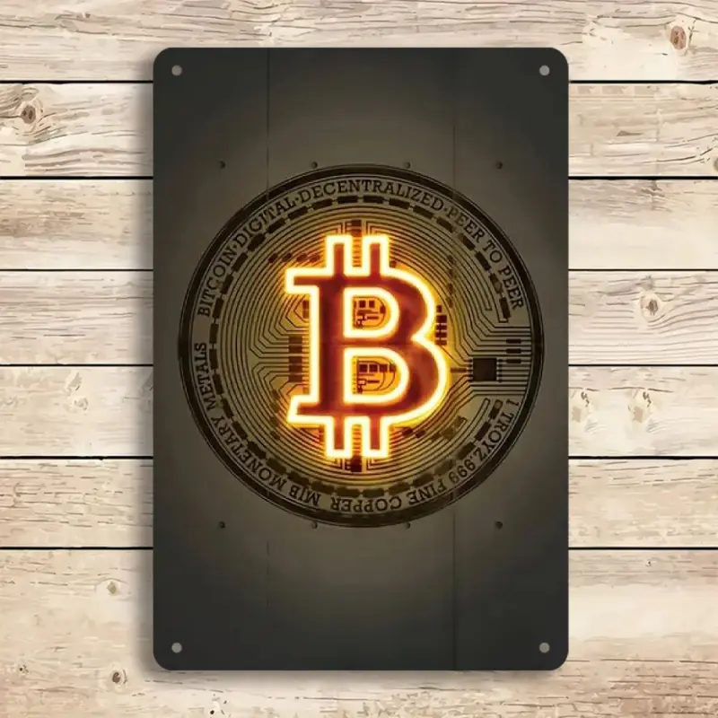 1pc 2D Plane, Artistic, Modern Abstract Bitcoin Iron Hanging Wall Art Sign - 8x12inch LED Illuminated Decorative Plaque, Suitable for Home, Bar, Coffee Shop - Bold Bitcoin Logo Design with Glowing Neon Effect, Room Decoration