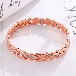 Women's Pure Copper Adjustable Bangle Jewelry - 3500 Gauss Magnetic Bracelet with Sparkly Diamonds, Trendy Leaf-Form Diamonds Bangle Bracelet, Fashion Costume Jewelry Accessory