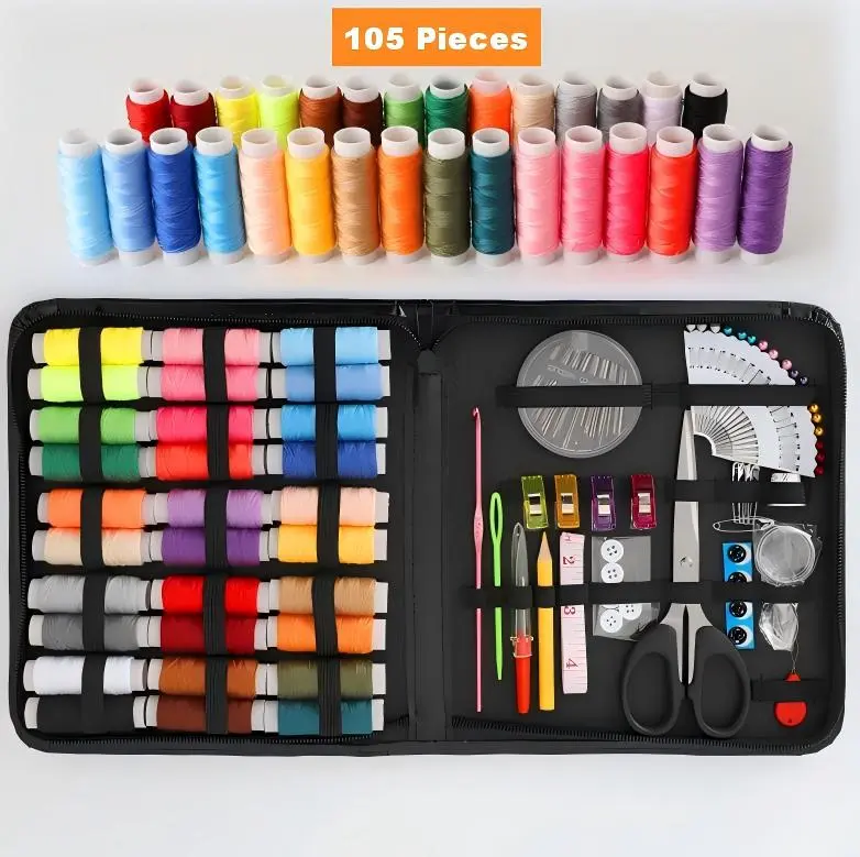 105 PCS Needle Crafts Sewing Tool Kit for Adults & Beginners - Compact Travel & Repair Set with Multicolor Thread, Thimble, Clips, Camera Zip Slim Switch, Accessories, Supplies Bag & Large Carrying Case, Needle Crafts Kit