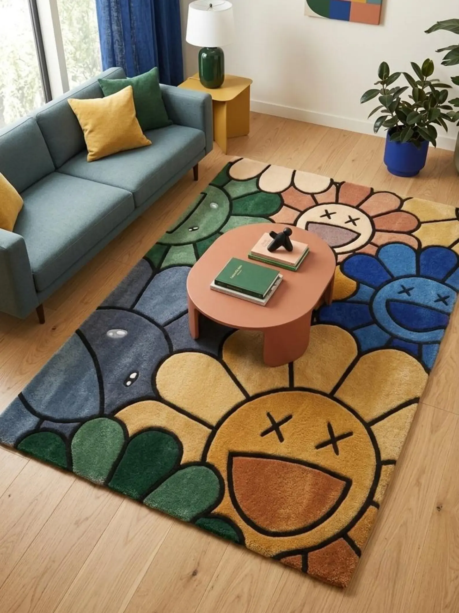 Colorful Smiling Flower Pop Art Area Rug, Hand-Tufted Premium Wool, Maximalist Aesthetic, Custom Sizes (5x8, 8x10, 9x12) for Living Spaces