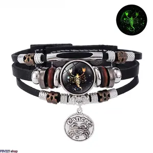 12 Constellations Luminous Leather Bracelet - Zodiac Sign Glow-in-the-Dark Wristband, Layered Astrology Charm Bracelet