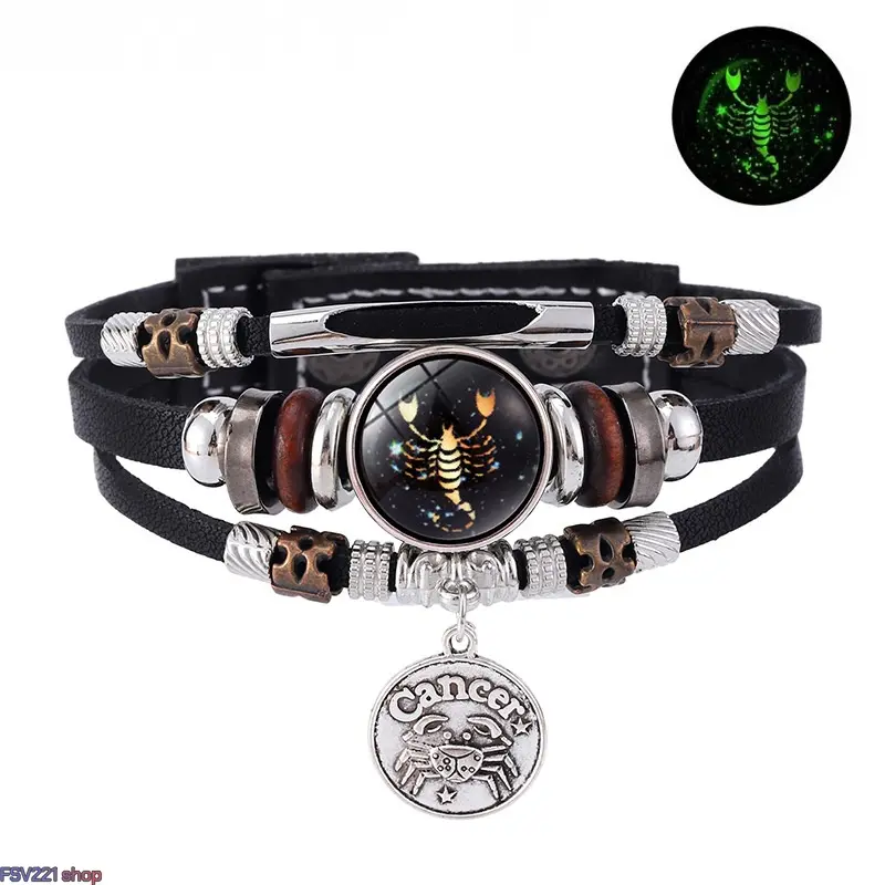 Zodiac Charm Bracelet for Men-Women, Layered Leather Bangle with Glow-in-the-Dark Constellation & Adjustable Band, Gemini-Aries-Taurus-Cancer-Capricorn Adjustable Bands Bracelets & Bangles