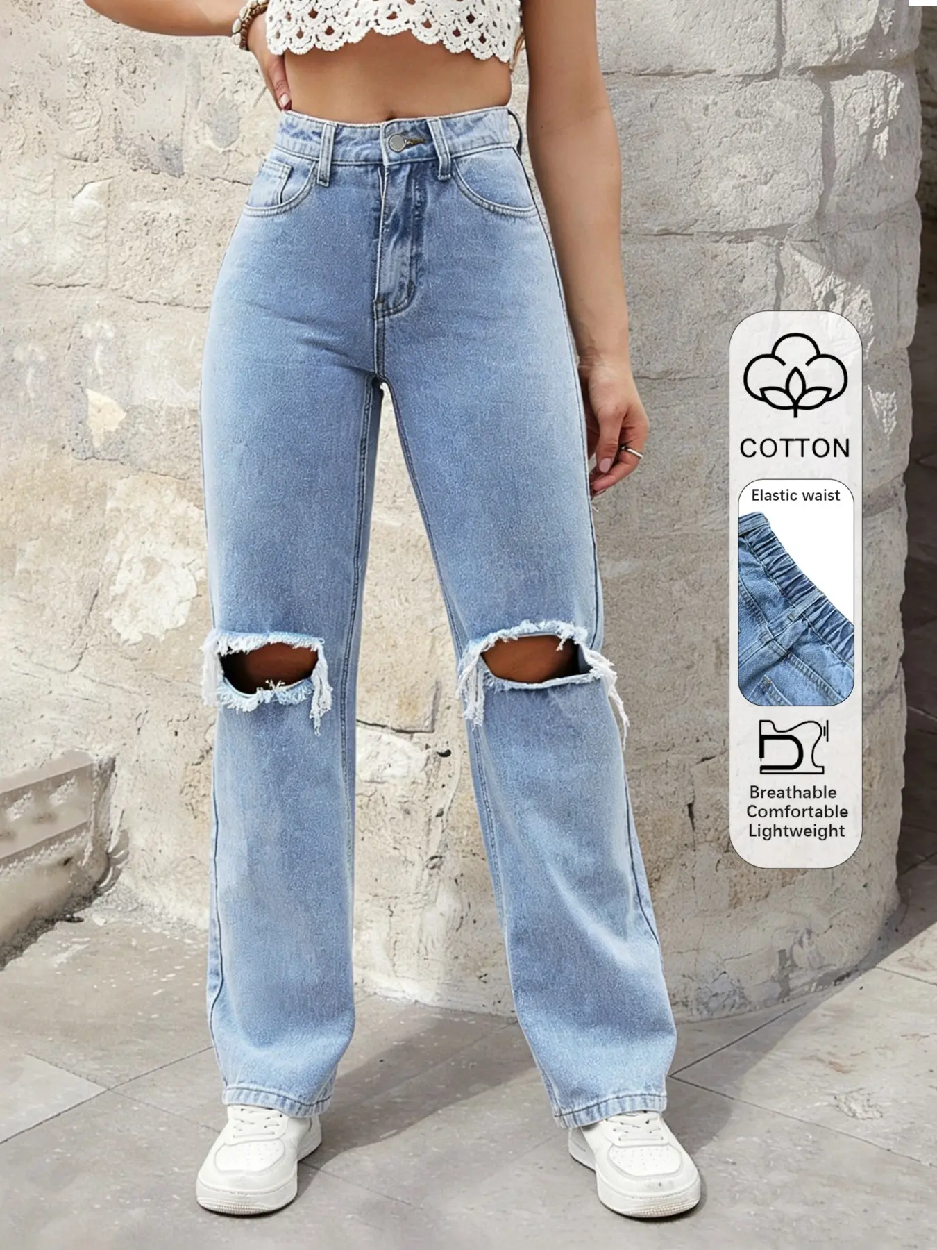 Vintage Casual Streetwear, Loose-Fitting Womenswear Light Wash Denim Jeans, Comfortable Soft Water Washed Design, Perfect for Daily & Everyday Wear & Stylish, Durable Material, Pants, Denim Clothing