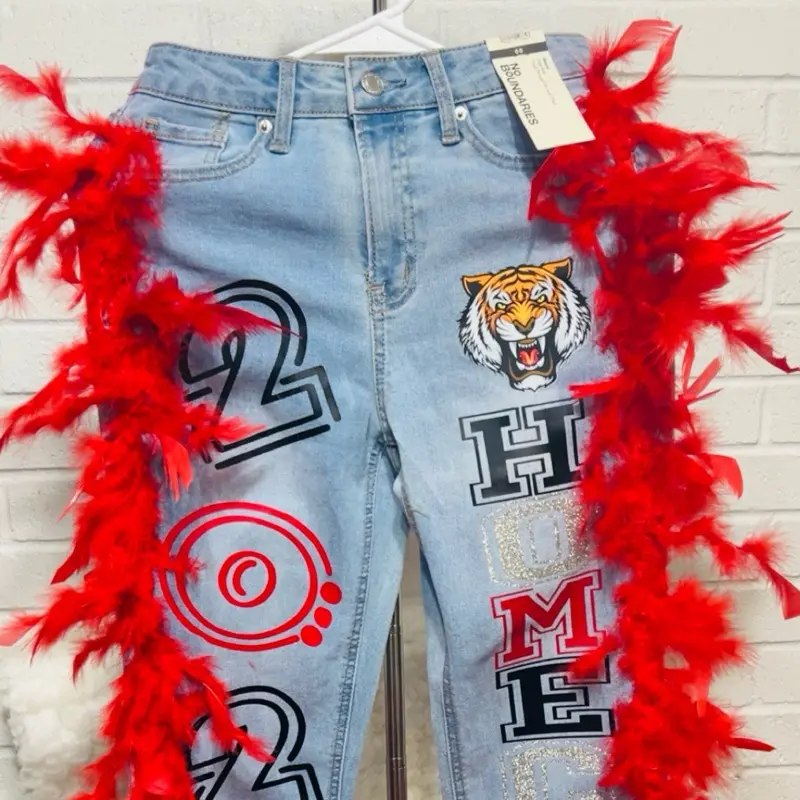 Custom  Denim Jeans with Feathers