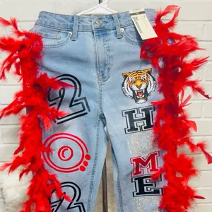 Custom  Denim Jeans with Feathers