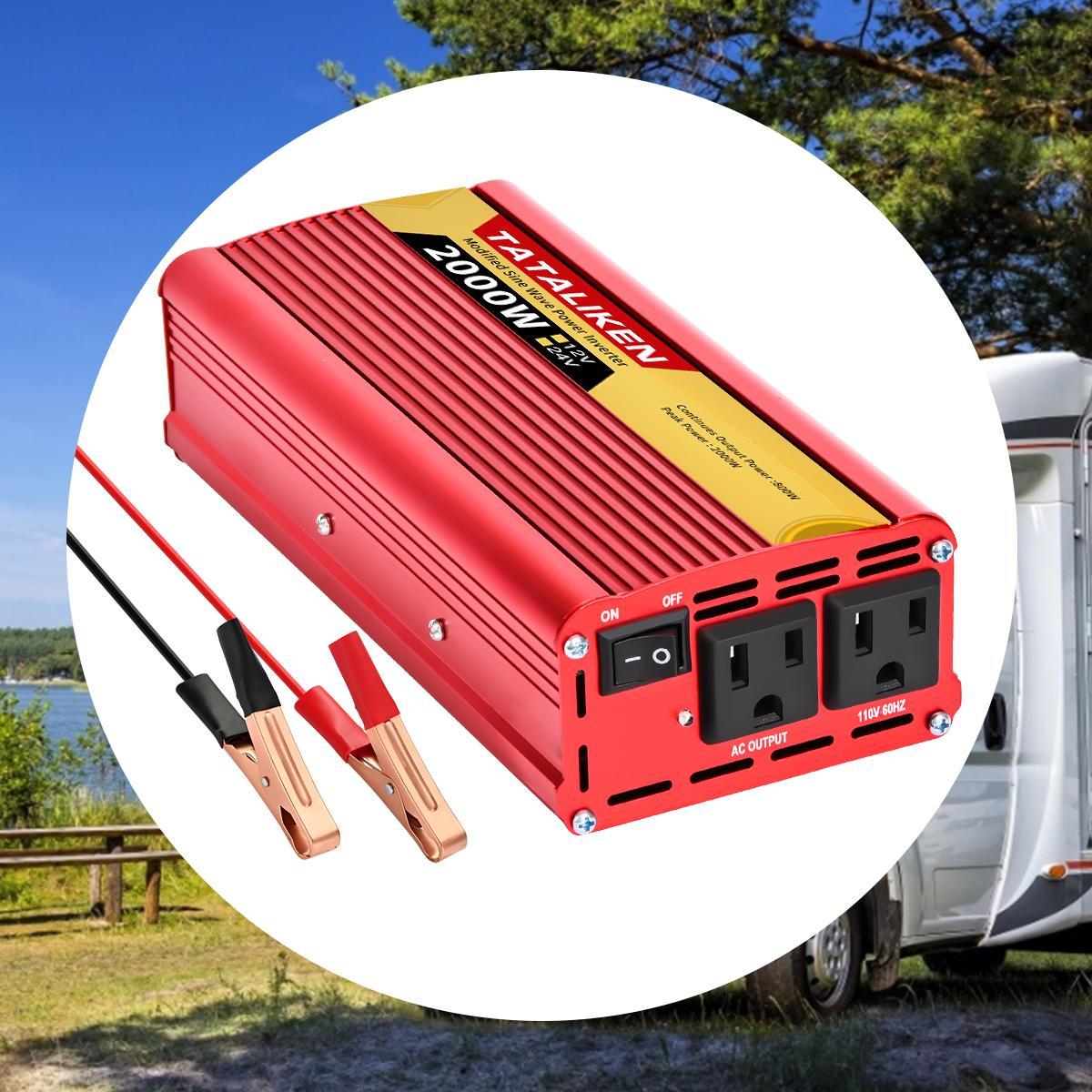 Power inverter modified sine wave 2000W, DC 12V/24V to AC 110V, dual US-regulated sockets, suitable for mobile phones, laptops, family camping, and convenient travel artifact!
