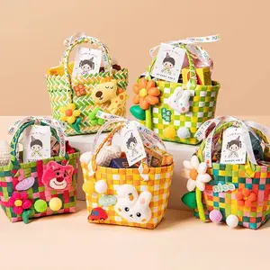 Woven basket cartoon handbag colorful checkered cute square straw bag gift box birthday gift box