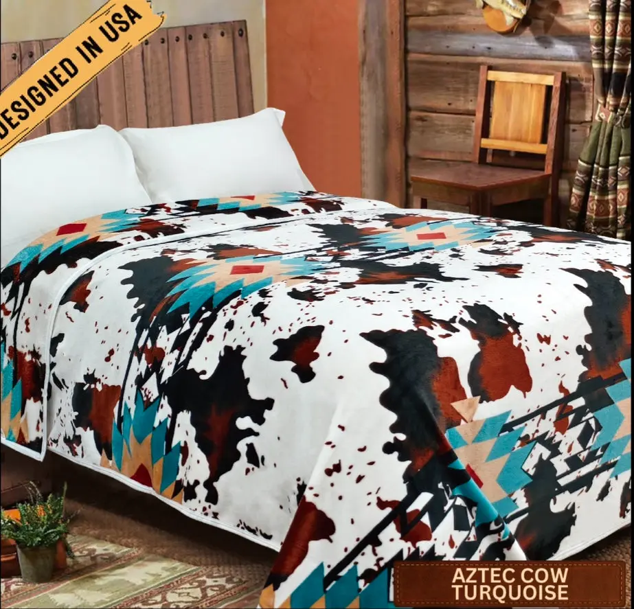 Rodeo ™ Aztec Cow Turquoise Flannel King Throw 2.2KG