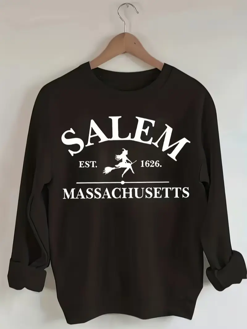 Men's Pure Cotton Fleece Crewneck Sweatshirt - Salem Massachusetts Est 1626 Witch On Broom Front Print, Crew Neckline, Full Sleeves, All-Seasons Pullover Sweat, Vintage Halloween Gift