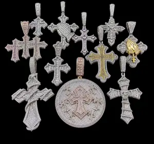 Iced Out Multi Style Bling Big Cross Pendant Necklace Silver Color Prong Setting CZ