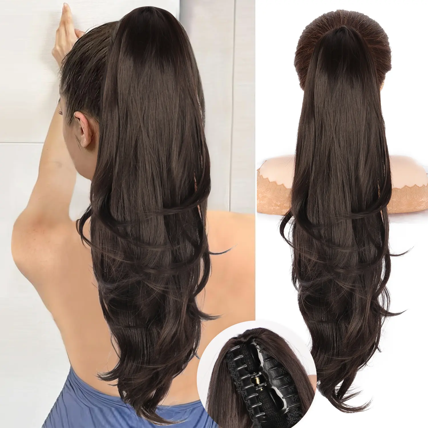 Claw Clip Ponytail Hair Extension for Women, 24 Inch Long Curly Wavy Brown Synthetic Hair, Natural Fluffy Look, Clip Hair Extensions, Curly Synthetic Hair Synthetic Extensions & Pieces