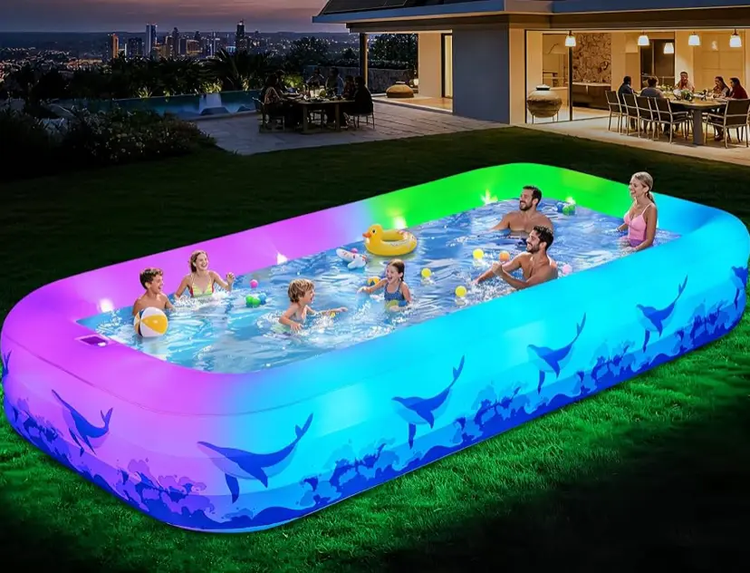 Large Solar Inflatable Swimming Pool with 7-Color Lights, 12FT X 6.2FT Dura...