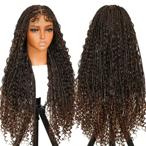 YMSGIRL Hair Brown 36" Triangle Knotless Braided Wig, #T1B/30 Bohemian Box Braids With Baby Hair, Dynamic & Elegant Boho Curly Ends Synthetic Wig, Feather-Light & Breathable, Effortless Style, Full Lace Design, No-Braid Commitment