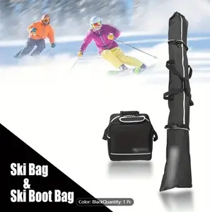 2pcs Ski Bag & Ski Boot Bag Combo, Snowboard Bag Ski Bag For Air Travel, 600D Polyester Water-Resistant Storage Bag, Portable Adjustable Length Ski Bag To Transport Ski