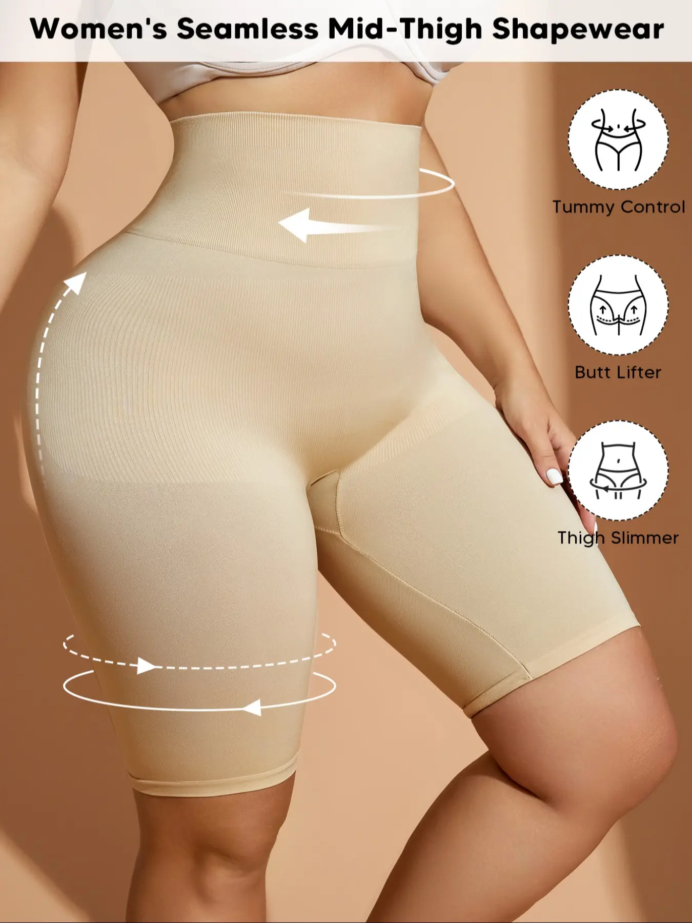 Women's Plus Size Seamless Elastic Compression Mid-Thigh Shapewear Shorts, High Waisted Tummy Control Panty, Thigh Slimmer & Anti-Chafing, Comfortable, Casual Comfy Shaper, Smooth and Soft Underwear Fabric, Womenswear