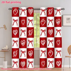 2D Flat 2Pcs Red and White Checkered Curtains with Hearts Bows, Love Themed Window Drapes for Valentine's Day, Semi-Shade, Perforated Design Home Living Room, Bedroom, Balcony, Kitchen, Study Decoration, Anti-Privacy.