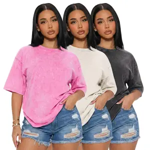 Women’s 3 pack pure cotton T shirts, washed with a distressed finish, solid color—soft, casual, loose fit, crew neck, short sleeves; suitable for outdoor sports and home wear.