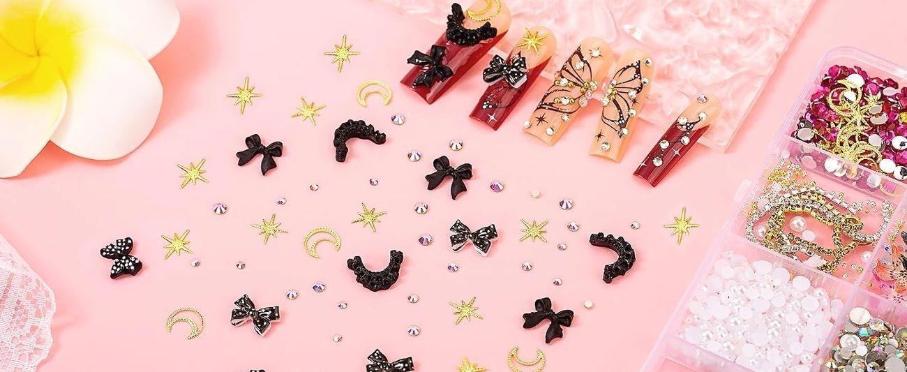 8000pcs 3D Nail Charms and Nail Gems, Cute Nail Rhinestones and Charms Y2K for Nails Nesign, Variety Butterfly Bow Moon Star Flower Junk Case Charms Gold Pearls Nail Jewels for Nail Art Decorations