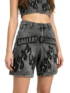 Women's Baggy Denim Shorts - High Waist Loose Fit Vintage Wash Shorts with Rhinestone Bedazzled Flame Print & Colorful Gem Details, Streetwear Casual Summer Outfit