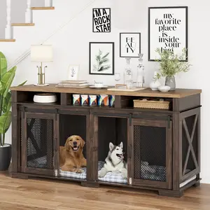GARVEE Stylish GARVEE Dog Crate Furniture: 71" Heavy Duty Double Dog Kennel with Storage and Removable Divider, Perfect Indoor Table for Large and Medium Dogs in Dark Walnut and Light Oak Finish