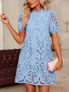 Ladies' Pure Color Lace Short Sleeve Dress