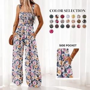 Women's Casual Loose Overalls Jumpsuits One Piece Sleeveless Printed Wide Leg Long Pant Rompers With Pockets Bohemian Womenswear
