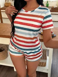 Women's Lady Short Sleeve Shorts Pajama Set, Full Print Striped Colorful Stripes Design, Loose Fit Casual Sleepwear for Comfortable Night Wear Pjs Loungewear Loungewear Nightwear Set