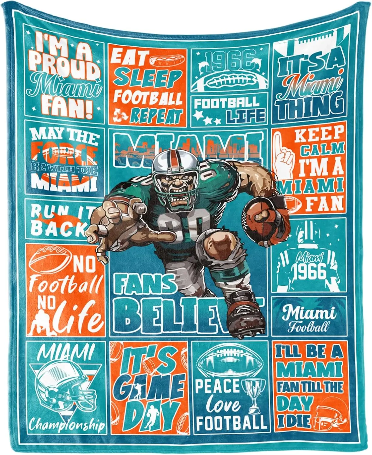 Miami Football Throw Blanket 80"x60", Football Team Color Gifts for Miami Fans, Football Lovers Gifts, Super Cozy Soft Living Room Flannel Blanket