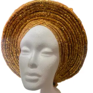 Elegant Gold Sequins Ready to Wear African Traditional Head wear for special occasions, weddings, birthdays, baby shower, Cultural Heritage Sparkling Design