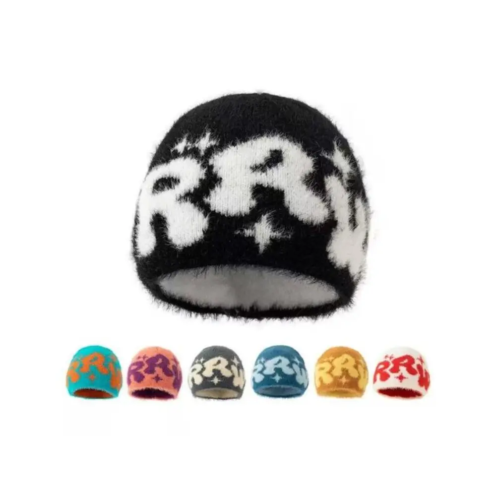 Unisex Soft Knit Hat - Letter Jacquard Patterned Bonnet, Faux Fur Lined Keep Warm Headwear, Cute Furry Fur Hat for Cold Weather Daily Wear, Fur Hat Hats, Patterned Bonnet Hats