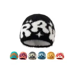 Unisex Knit Beanie Hat with Letter Jacquard Pattern, Soft Faux Fur Lining, Warm and Fashionable Design for All Occasions