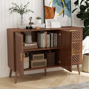 Brown Wooden Storage Cabinet - Adjustable Side Cabinet, 3 Drawers, 2 Doors, Hollow Design, Adjustable Shelves for Kitchen, Dining Room (Zhengwanhh09j)