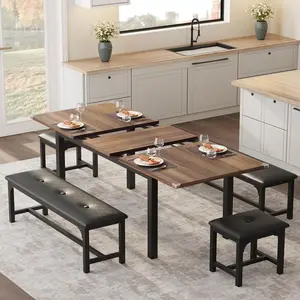 Black 5-Piece Dining Table Set for 4-6, 63" Extendable Dining Room Table Set for 4,Dining Table Set for 6 with PU Cushion,Kitchen Table & Chairs Set with 2 Benches and 2 Stools, Ideal for Small Space-Walnut