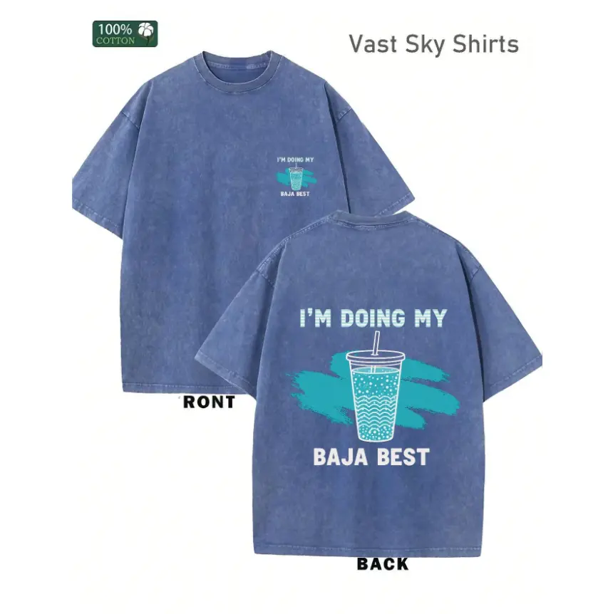 Vintage Washed "I'M DOING MY BAJA BEST" Baja Blast Pattern Double-Sided Graphic Tee | 230gsm Heavyweight Soft Washed Cotton Round Neck Short Sleeve Top, 1-Piece Y2K Retro Style Daily Streetwear Unisex Shirts for Men Women