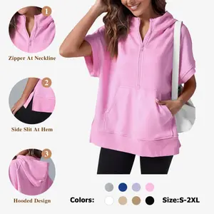 2026 Womens Oversized Half Zip Hoodies Short Sleeve Casual Sweatshirts Pullover Tops with Pockets Leggings Loose Aesthetic parke mockneck sweatshirt comfort sweatshirts denim tear hoodie FallFreshness# Springtok# TikTokShopJumpstartSale..