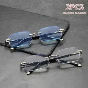 2PCS Men's and Women's Fashion Retro Square Frameless Dot-Adorned Trendy Business High-Definition Reading Glasses - Elegantly Simple PC Material, +1.0 to +4.0 Prescription, Lightweight and Durable, Ideal for Daily Computer Work Reading Eyeglasses