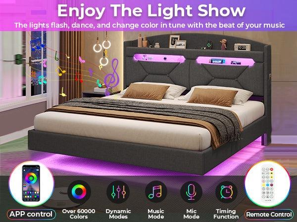 Sikaic LED Floating Bed Frame With Charging Station Hidden Storage Dark Grey