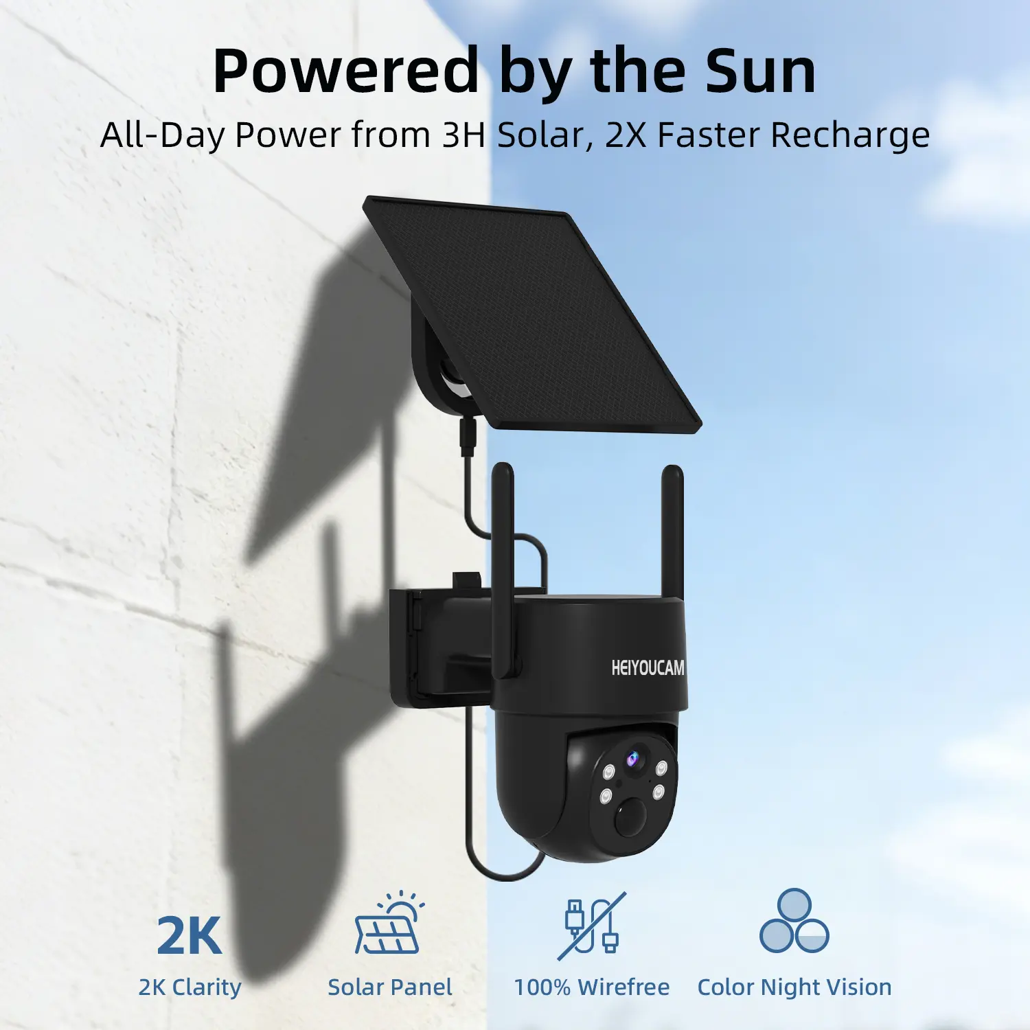 Solar Wireless WiFi Outdoor Security Camera, 2K Solar PTZ Camera Black, Outdoor Wireless Security Cam, 360° Pan/Tilt, Weatherproof, Solar Powered, WiFi Surveillance for Yard Night Vision Cam