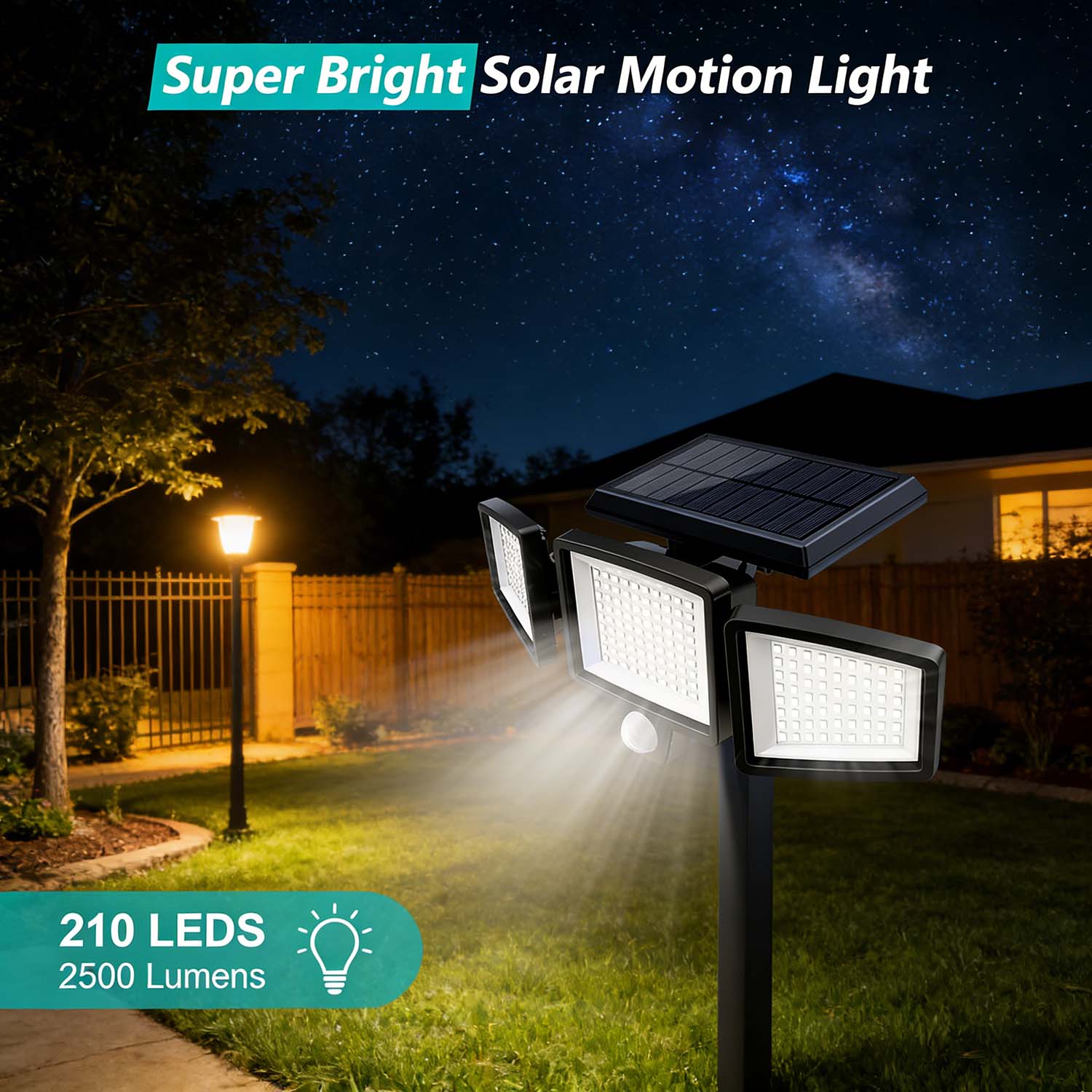 Solar Outdoor Security Lights 2500LM 210LED with Remote Control, 3-Heads Motion Sensor Flood Lights, 270° Wide Angle Lighting, IP65 Waterproof, 3 Lighting Modes Wall Lights for Yard Garage Patio Pathway