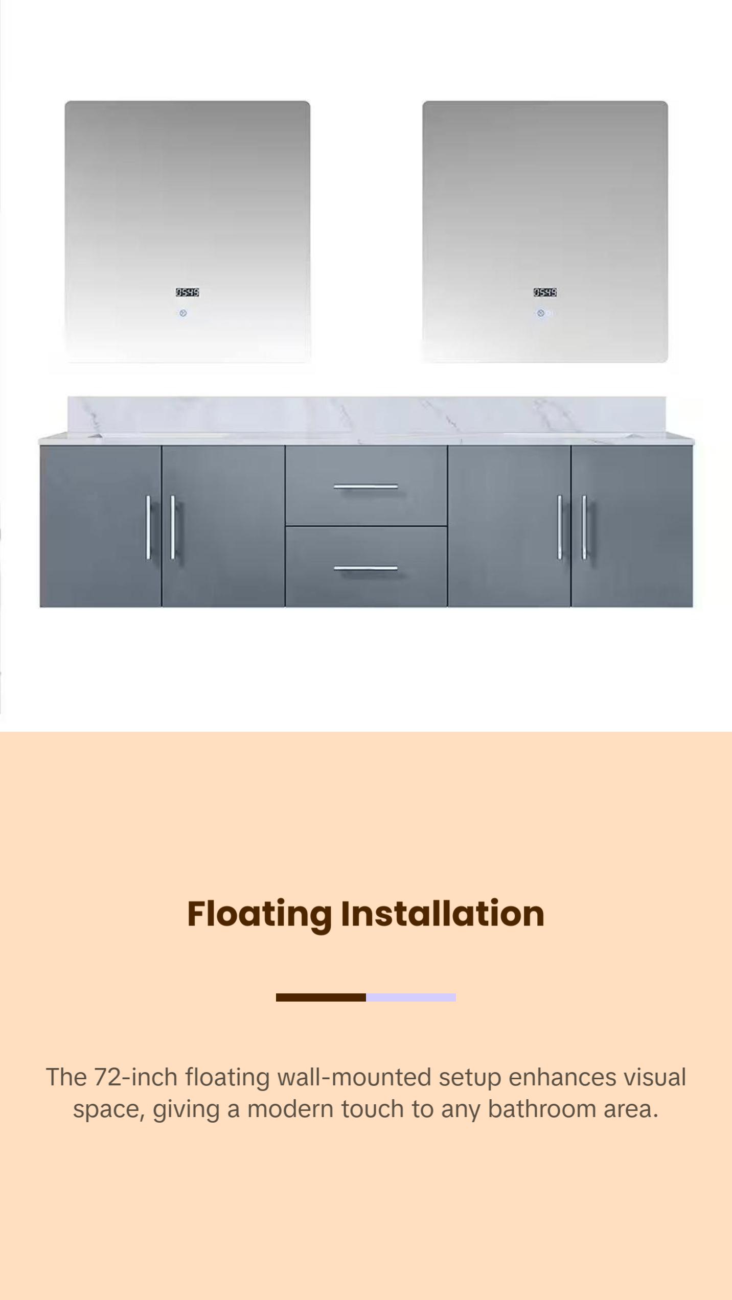 Geneva 72 In. Floating / Wall Mounted Dark Grey Bathroom Vanity With Double Undermount Ceramic Sink, White Carrara Marble Top