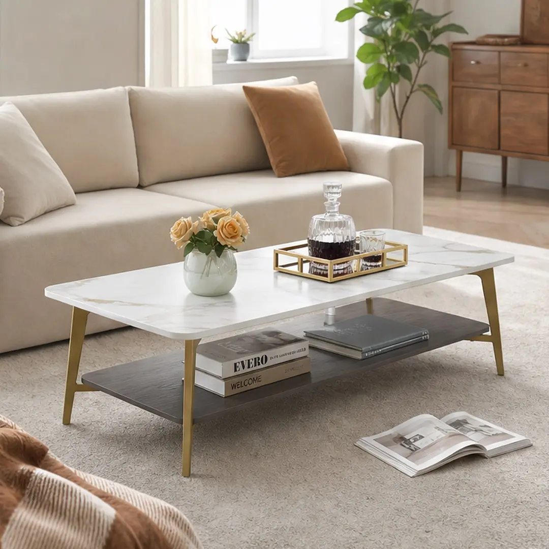 ARCH Rectangular Coffee Table with Open Space for Living Room, MDF+Iron Center Table, 47.24x23.62x15.74 in, Golden+White, Easy Clean, Sturdy Metal Frame, Side Table Alternative, Modern Design, Golden+White Color Options, MDF+Iron Material