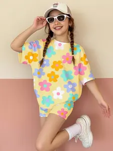 Girls' Summer Clothing Set Casual Simple Dopaamine Flower Print T-Shirt & Slim Shorts Set, Floral Print Set, Short Sleeve Round Neck, Perfect Gift for Outdoor Activities